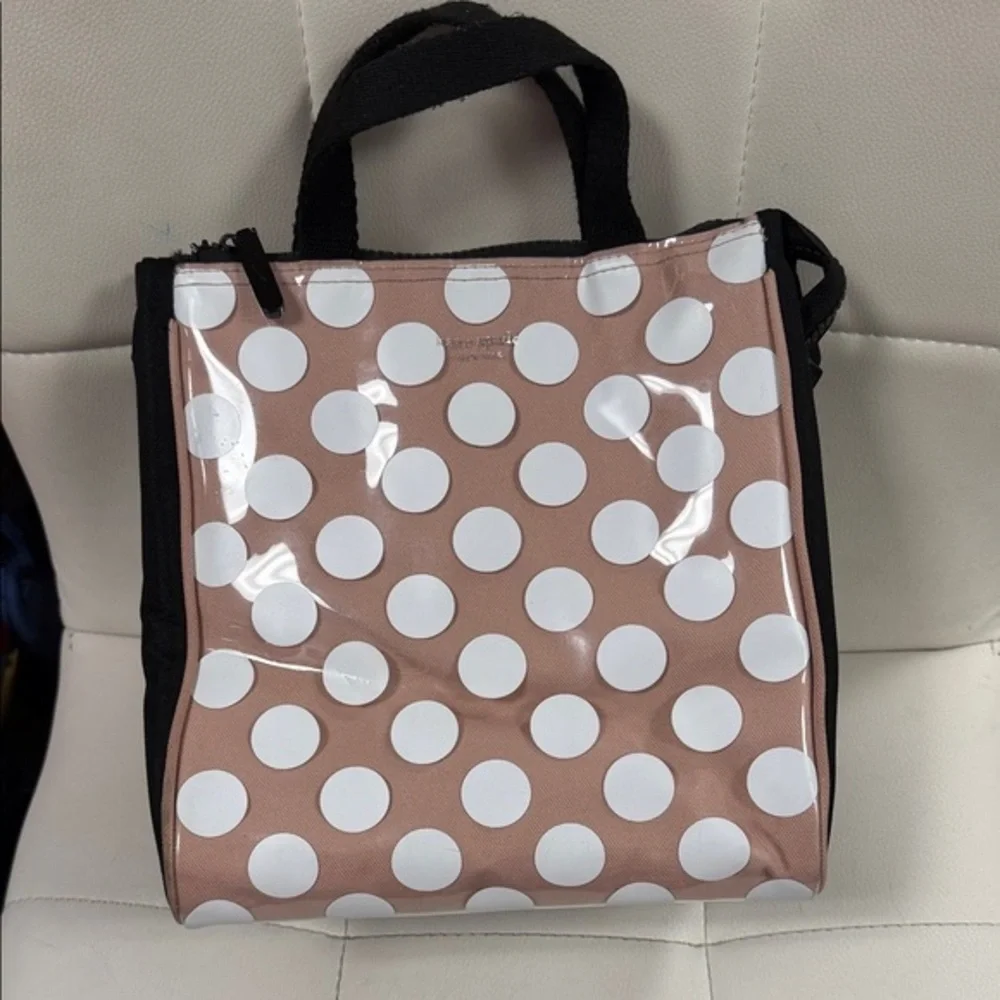 Kate Spade New York CLEAR-COATED Pink w White Jumbo Dot Insulated Lunch Tote Bag